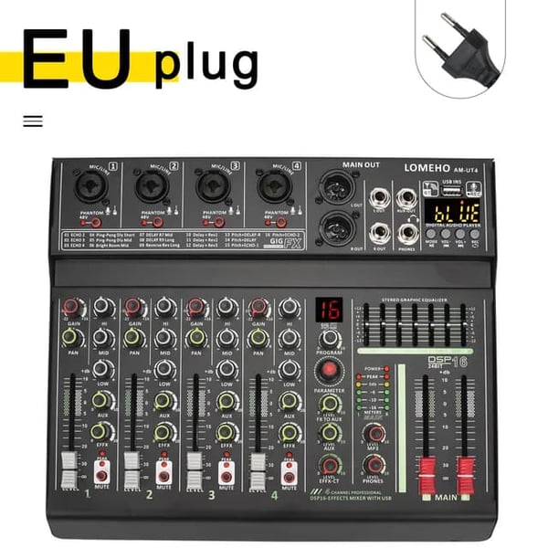 Audio mixer, 7-bånds EQ, 48V fantomstrøm, EU-stik