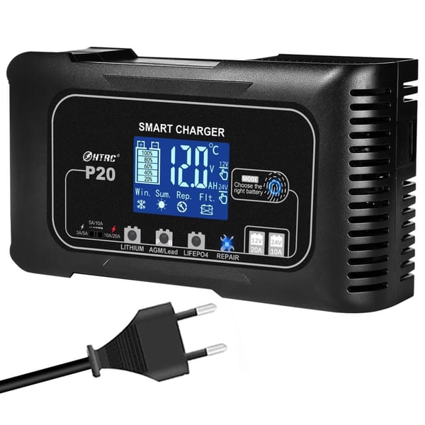 12V/24V Bilbatterioplader, 20A Høj Kapacitet, Fuldt Automatisk Smart Oplader,20A Oplader-EU Stik
