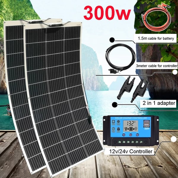 Fleksibelt solpanel kit, 300W effekt, 2 stk. monokrystallinske, 150W mulighed,300W 2 stk 150W sæt