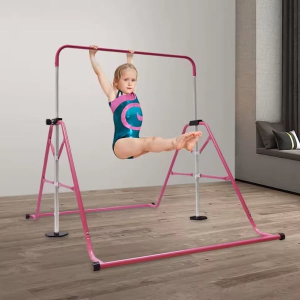 Gymnastikstang, justerbar højde fra 1,9 til 1,55 meter, maksimal belastning 100,5 kg, foldbart design, lyserødt, til børn