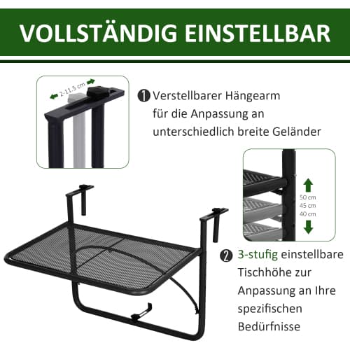 Hängande Balkongbord, Pulverlackerad metall, L60 x B56,5 x H45 cm, Justerbar för räcken från 2 till 11,5 cm, Lastkapacitet 30 kg, Lätt att rengöra