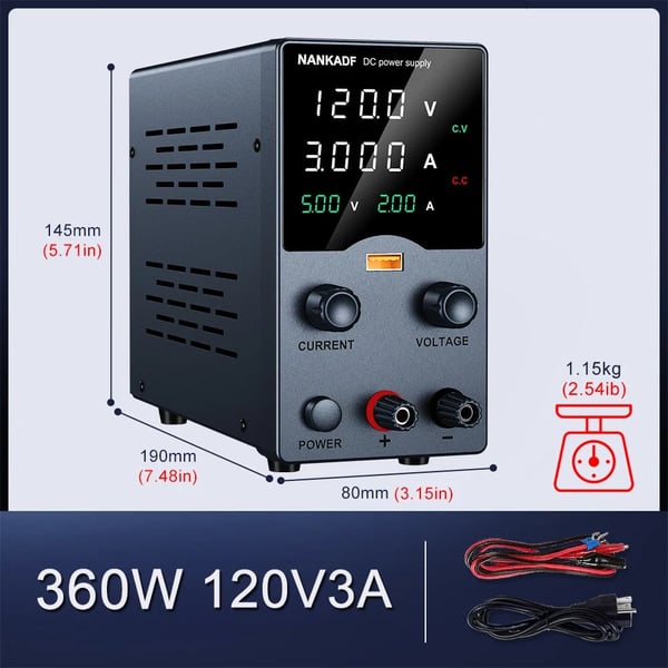 NANKADF DC Strømforsyning, Højpræcisions 4-cifret LED-display, USB Hurtigopladning,GA1203H-N Sort