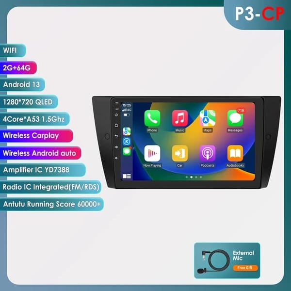 Bil Android 12 Multimedie Radioafspiller, GPS Navigation, Stereo Audio, P3CP-2G 64G-4kerner