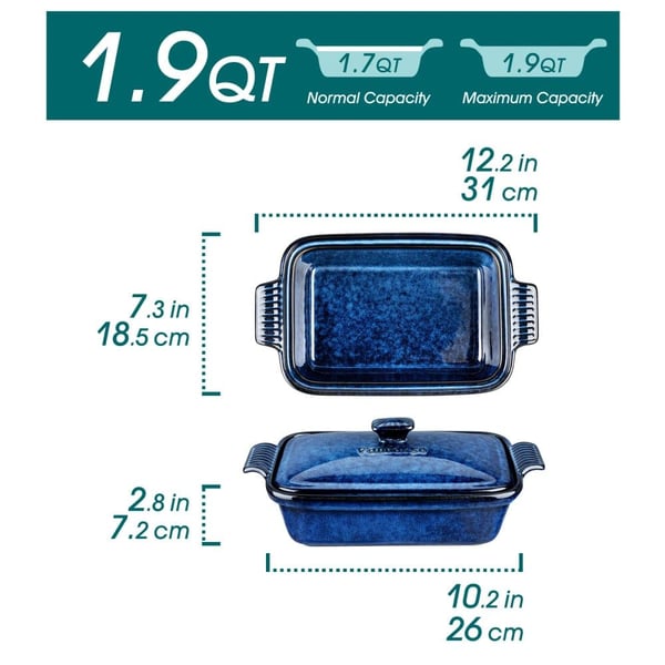 Blå Casserole Skål, Keramisk Design,1.9 QT 7x10 Tommer