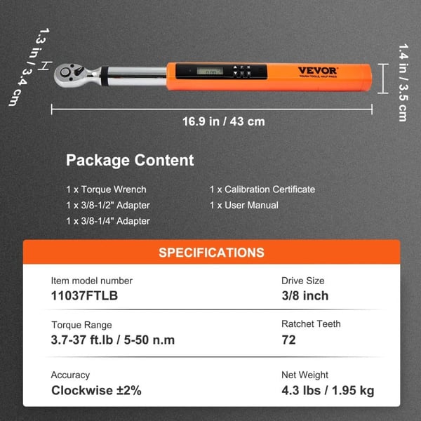 Vevor Digital Momentnøgle, 1/2 tomme Drive Størrelse, 25-250 ft.lb Momentområde,3 8in 3.7-37 ftlb