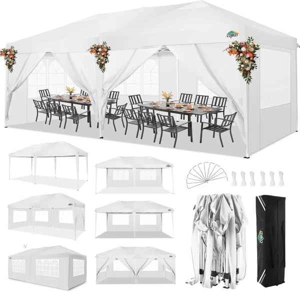 Pavillon, Vandtæt, Justerbar Højde,3x6m, Hvid