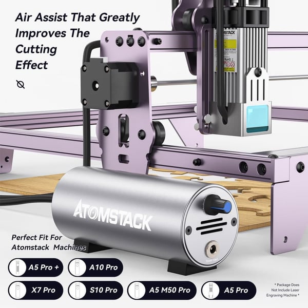 Luftassisteret kit, justerbar luftstrøm 10-30L/min, kompatibel med lasergravører, støjniveau 60dB, dimensioner 20x15x10cm, effektiv støvfjernelse