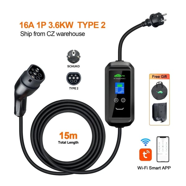 EV-lader, 3,6 kW effektudgang, Wi-Fi smart APP kontrol,APP 3.6KW 15m