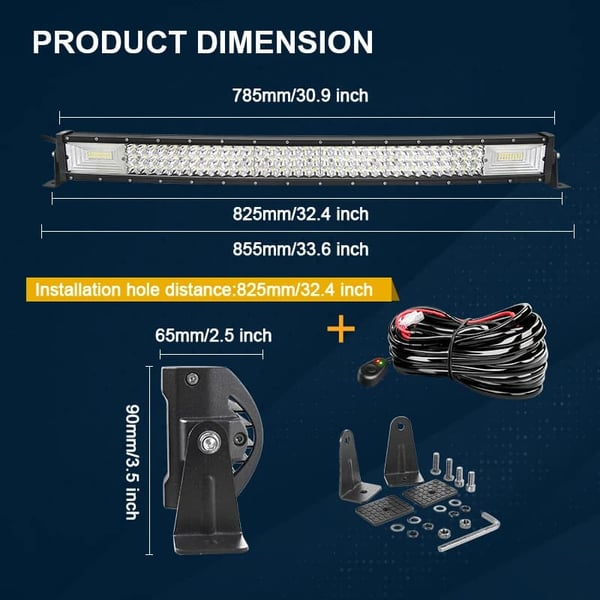 LED lysbjælke, buet design, offroad køretøjsbelysning, , 7D 32in with wire