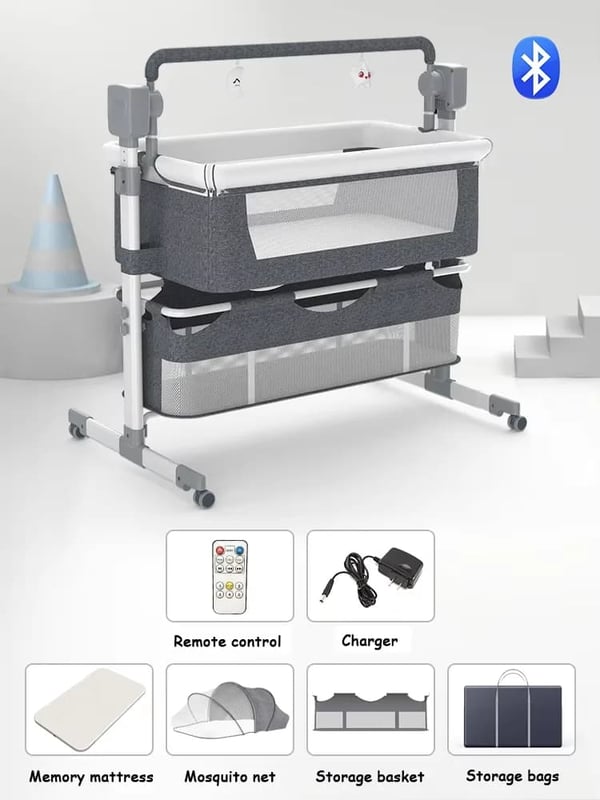 Bluetooth Baby Crib, Fjernbetjeningsfunktion, Behagelig Memory Skummadras,BJJ-601-GRÅ