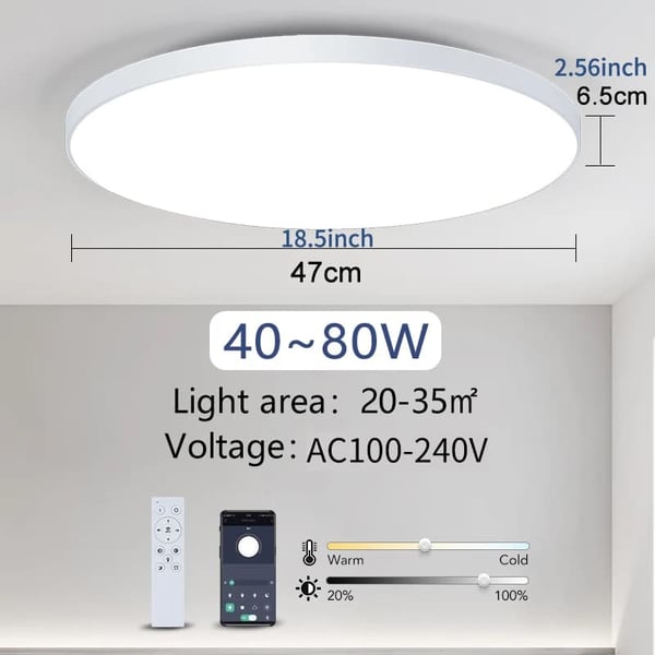 LED Loftlampe, Smart Kontrol, Dæmpbar, Moderne Design, Hvid (18,50 tommer)