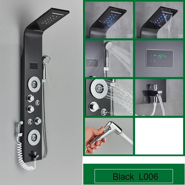 Badeværelse Brusepanel, LED Temperaturvisning, SPA Kroppsmassage Dyser,Sort 8006
