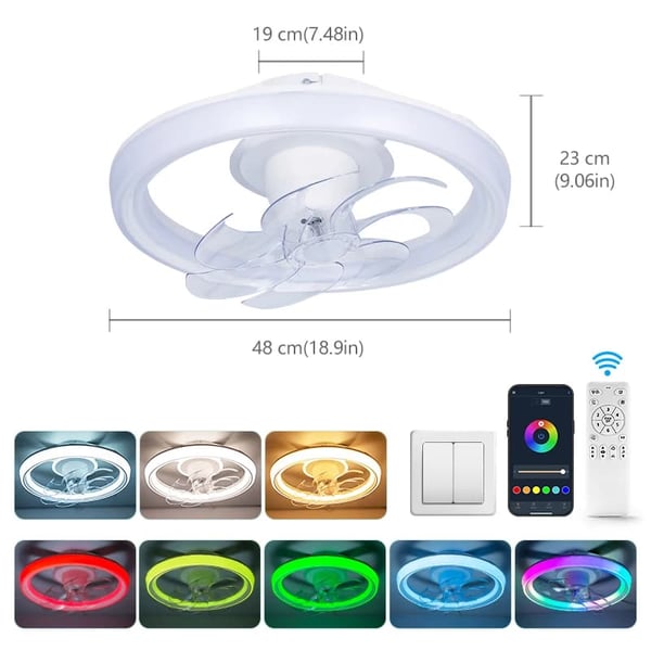 Loftlampe Ventilator, RGB Belysning, Fjernbetjening,7, Oscillerende Fan Lampe