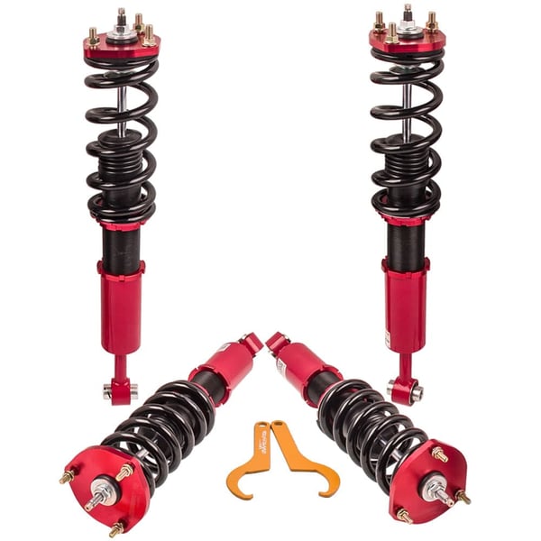 Coilover affjedringssystem, 24-vejs justerbar dæmper, fjederhastighed foran: 12 kg/mm, bag: 10 kg/mm, varelængde: 64 mm, varebredde: 52 mm