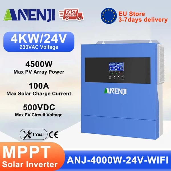 Sol inverter, ren sinuskurveudgang, indbygget MPPT,220-240V, ANJ-4000W-24V-WIFI