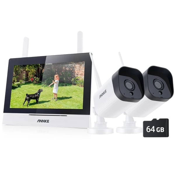 Trådløst CCTV-system, 7-tommer berøringsskærm, tovejskommunikation,3MP 2PCS Kamera 64G