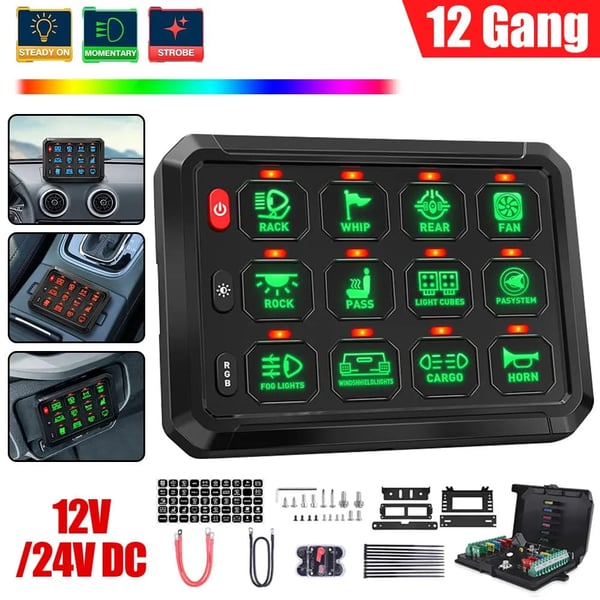Skiftpanel, 12-gangs kontrol, RGB baggrundsbelyst display,12 Gang