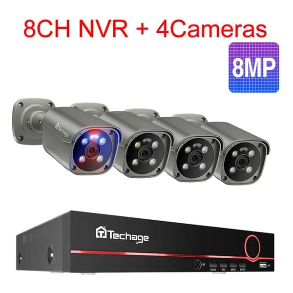 Sikkerhedskamera system, 4K HD opløsning, To-vejs lyd, 3T (udendørs sport), 8CH 4 stk 8MP kamera