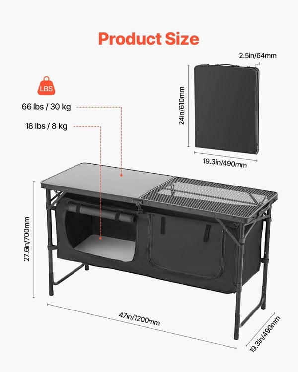 Camping Køkkenbord, Letvægtsdesign, Justerbar Højde,Sort