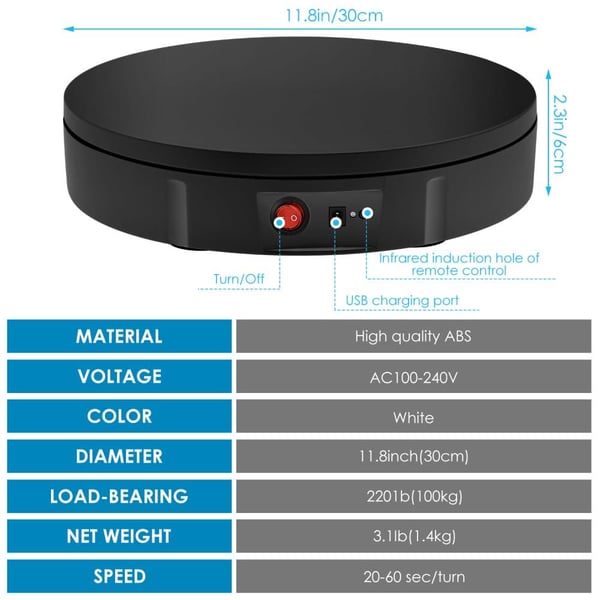 360° skærm roterende drejeskive, elektrisk, 30 cm, 100 kg kapacitet, EU 220V