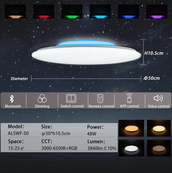 Smart LED Loftlys, Bluetooth-højttaler, Stemmestyring, Moderne Design,ALSWF 50cm 48W XDALSWF 50 cm 48W XD