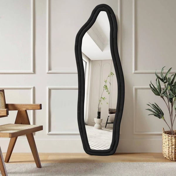 Helkropsspejl, Uregelmæssig Buet Design, Velourbetrukket Ramme,Sort 140x45cm