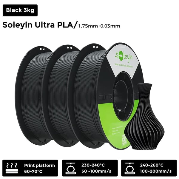 3D-tulostimen filamentti, 1,75 mm halkaisija, ympäristöystävällinen materiaali,Musta 3kg