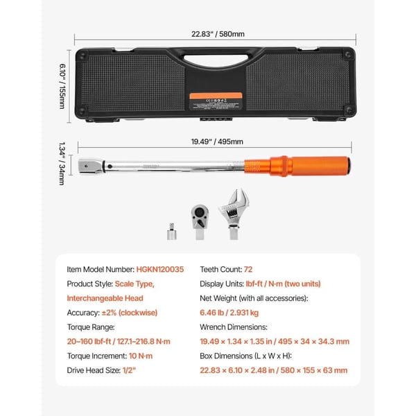 Momentnøgle, 3/8 tommer drev, dual-range nøjagtighed,20-160 ft-lb