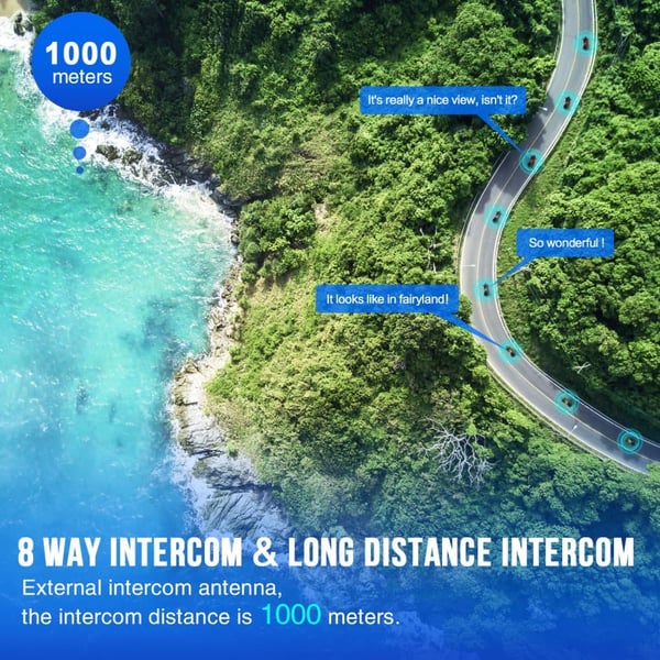Motorcykel Intercom, Bluetooth 5.0, 1000m Intercom Rækkevidde, 900mAh Batteri, Understøtter 8 Ryttere, Støjdæmpningsteknologi
