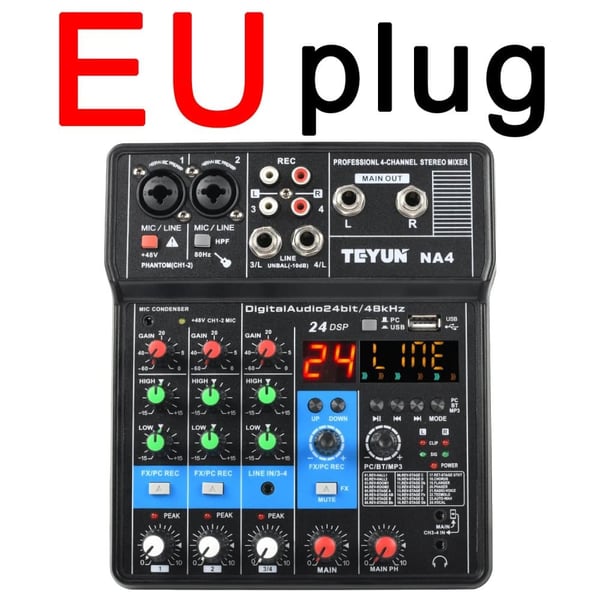 TEYUN Äänimikseri, 4 Kanavaa, Bluetooth-yhteys,EU PLUG in Finnish is "EU-pistoke".