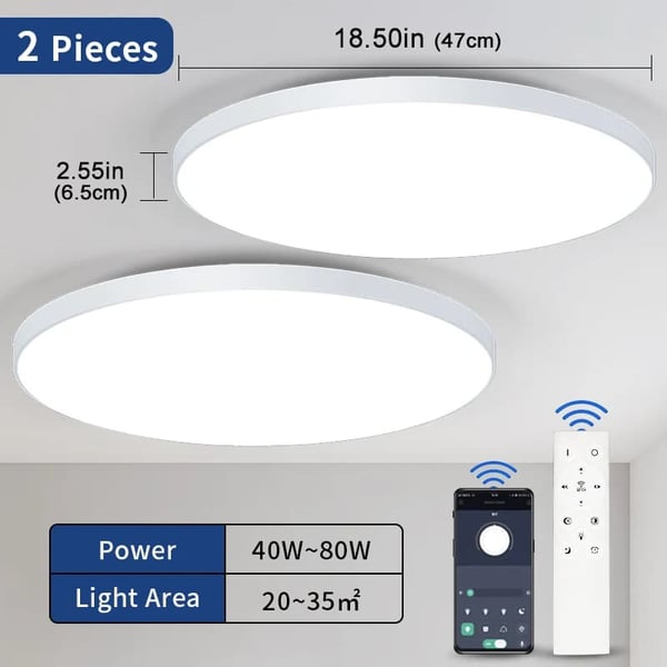 Smart Loftlampe, Dæmpbar, Farvetemperatur 3000K-6500K, Fjernbetjening,2Stykker-80W