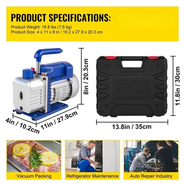 Vakuumpumpe, 4 CFM flow rate, 1/3 HK effekt,4CFM