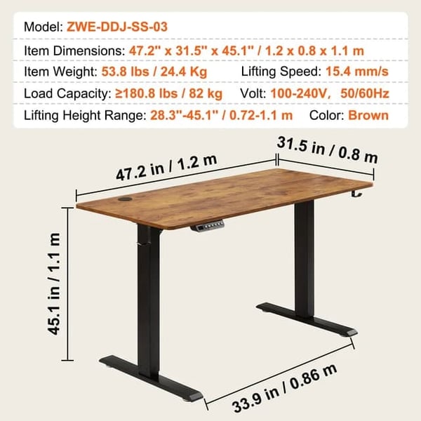 Højdejusterbart skrivebord, 3-nøgle elektrisk ståbord, solidt dobbelt metalstel, maksimal belastning 180 lbs sidde-stå-bord., 1,2 X 0,8 M