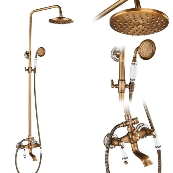 Antik Messing Bruserarmatur Sæt, Justerbar Højde 70-120 cm, Dobbelt Håndtag Kontrol,Antik Messing F