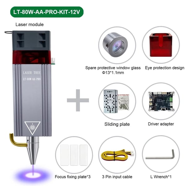 Lasergravering Modul, 5W Optisk Effekt, Justerbar Fokus,80W-AA-PRO-KIT-12V