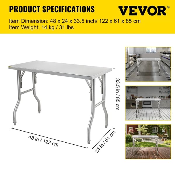 Arbejdsforberedelsesbord, Rustfrit Stål, Foldbart Design,1 hylde 48x24 tommer