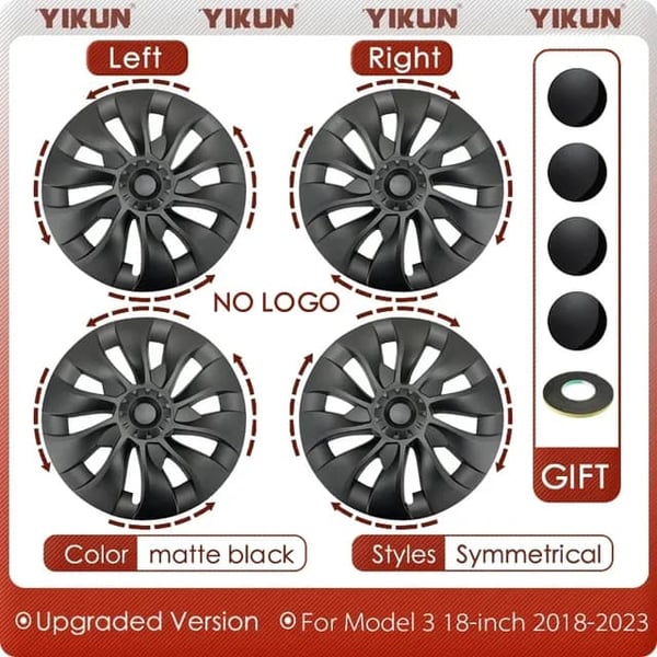 Tesla Model 3 Hub Cap, Performance Udskiftning, Fuld Fælgdæksel, LR mat sort