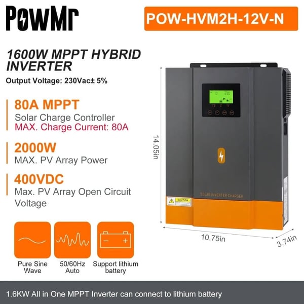 Hybrid sol inverter, ren sinuskurveudgang, konfigurerbare indstillinger,1.6KW 12V, med WIFI, 220-240V