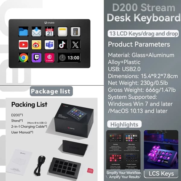 D200 StreamDesk, 13 LCD-näppäintä, monialustayhteensopiva,D200 StreamDesk