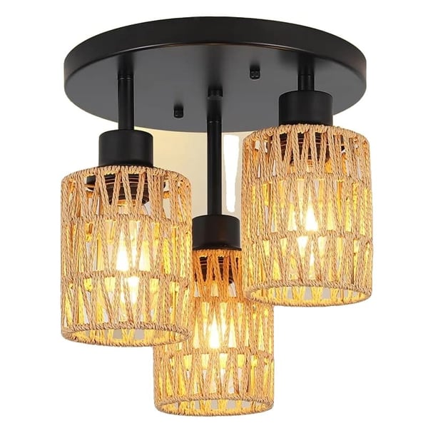 Kronleuchter, Vævet Rattan Design, 3-Lygt Armatur,Gul, Ingen pære