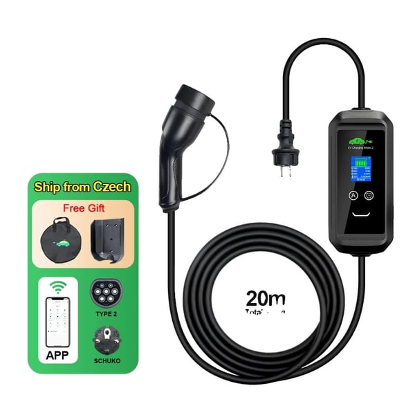 Bærbar EV-lader, 3,6 kW maksimal effekt, 20 m kabel længde,sort, TYPE2