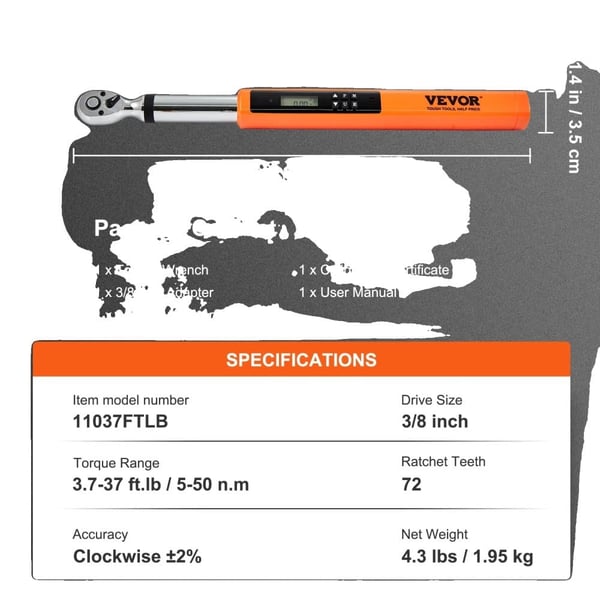 Vevor Digital Momentnøgle, 1/2 tomme Drive Størrelse, 25-250 ft.lb Momentområde,3 8in 3.7-37 ftlb