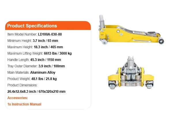 Hydraulisk Gulvjek, 3 Ton Kapacitet, Letvægts Aluminium Design,3T Aluminium