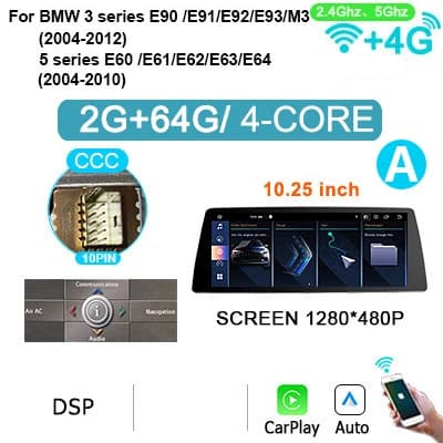 Carplay, Multimediaafspiller, Plug and Play Installation, Kompatibel med BMW 3/5 Serie,HPL-CCC-10-2G64G-A