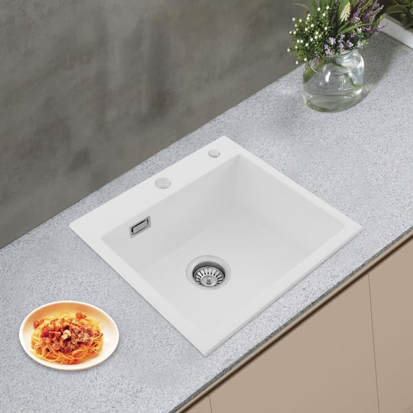 Køkkenvask, Kvartssten, 50 x 45 cm, Indvendige dimensioner 45 x 35 x 18,5 cm, Belastning 100 kg, To forborrede huller