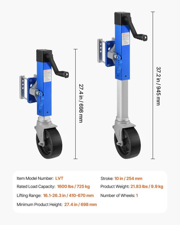 Trailer Jack, 1600 lbs belastningsevne, 10 tommer slag,1600 lbs