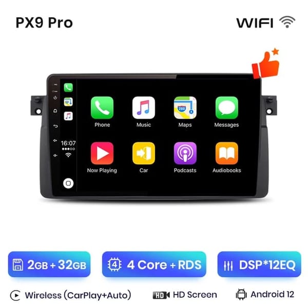 Langattomat CarPlay ja Android Auto, 2 din DVD-soitin, BMW E46 M3 318 320 325 330 335 -mallit., PX9 Pro (2-32)