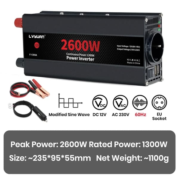 Autoinvertteri, Muokattu sinimuotoa, USB-ulostulo,12V-220V-2600W