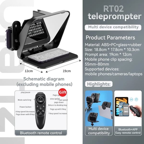 Teleprompter, Bærbart Design, Universel Kompatibilitet,RT02 Teleprompter
