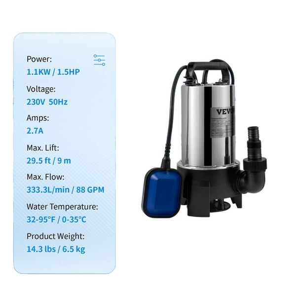 Jätevesipumppu, max nosto 25 jalkaa, IPX8 -suojaus,1100W 1.5HP, EU